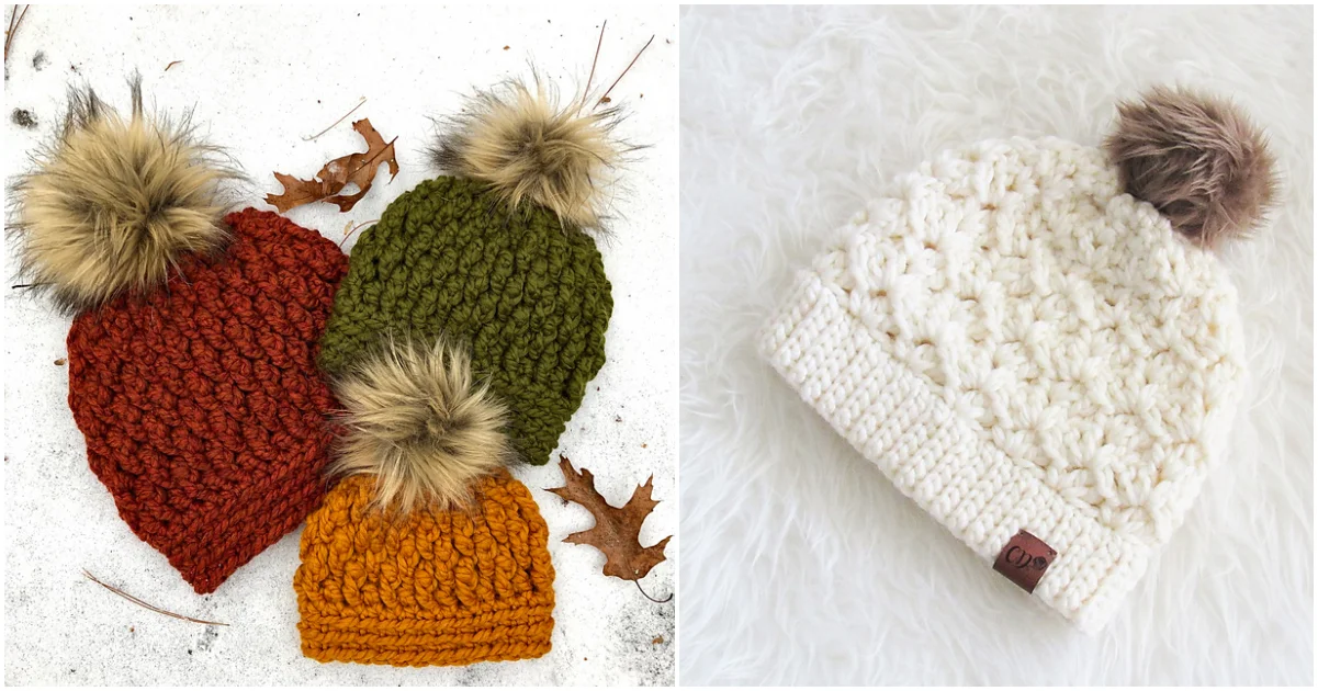 Four knitted beanies with pom-poms: three chunky hats in red, green, and orange rest on a rough surface with leaves; one is cream-colored on a soft white background.