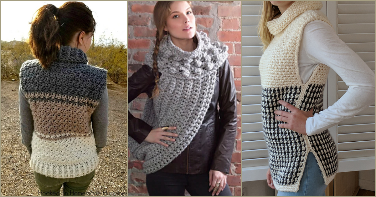 Collage of three women showcasing unique crocheted outfits, featuring a stylish cowl vest, an elegant wrap, and a chic sweater adorned with houndstooth pattern details.