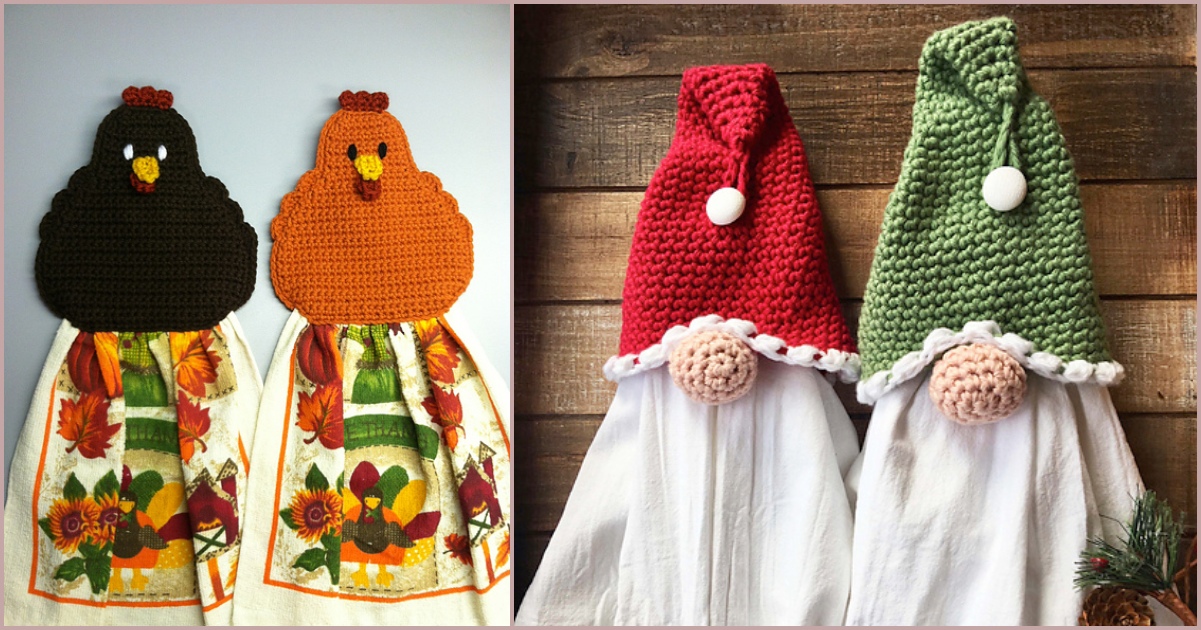 Two sets of decorative dish towels, complete with charming towel toppers, hang on a wall. The left set showcases chicken designs, while the right set highlights gnome designs adorned with festive red and green hats.