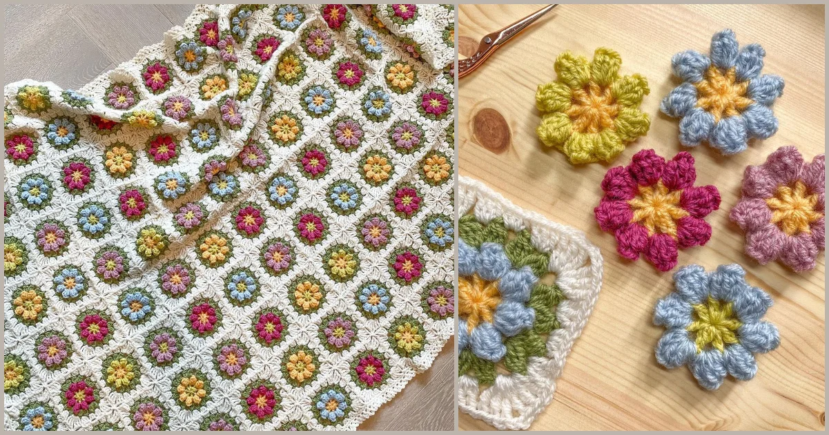 A crochet blanket with colorful floral patterns, featuring the Primavera Flower Granny Square, alongside individual crocheted flowers and a square piece, displayed on a wooden table.