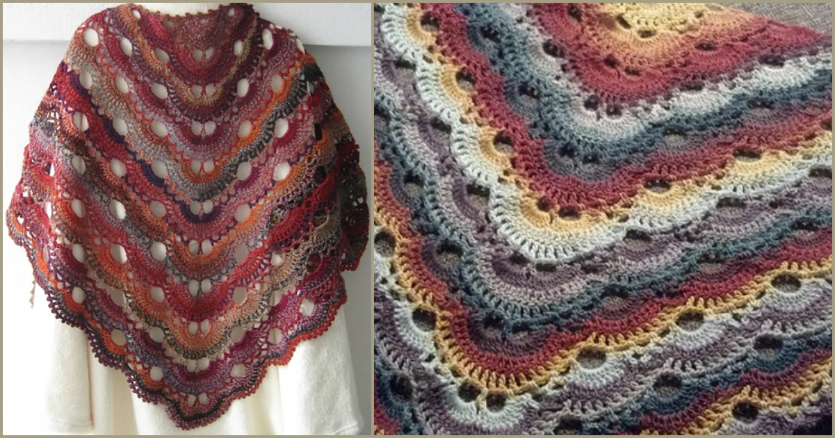 A colorful scalloped crochet shawl with intricate patterns in shades of red, purple, yellow, and gray is elegantly draped on a mannequin. A close-up reveals the detailed stitches.