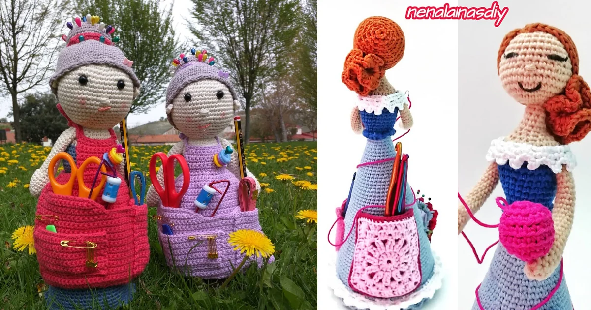 Crocheted caddy doll pencil holders, one in pink and purple, the other in blue, hold various stationery items. Displayed outdoors on grass, they are shown from multiple angles.