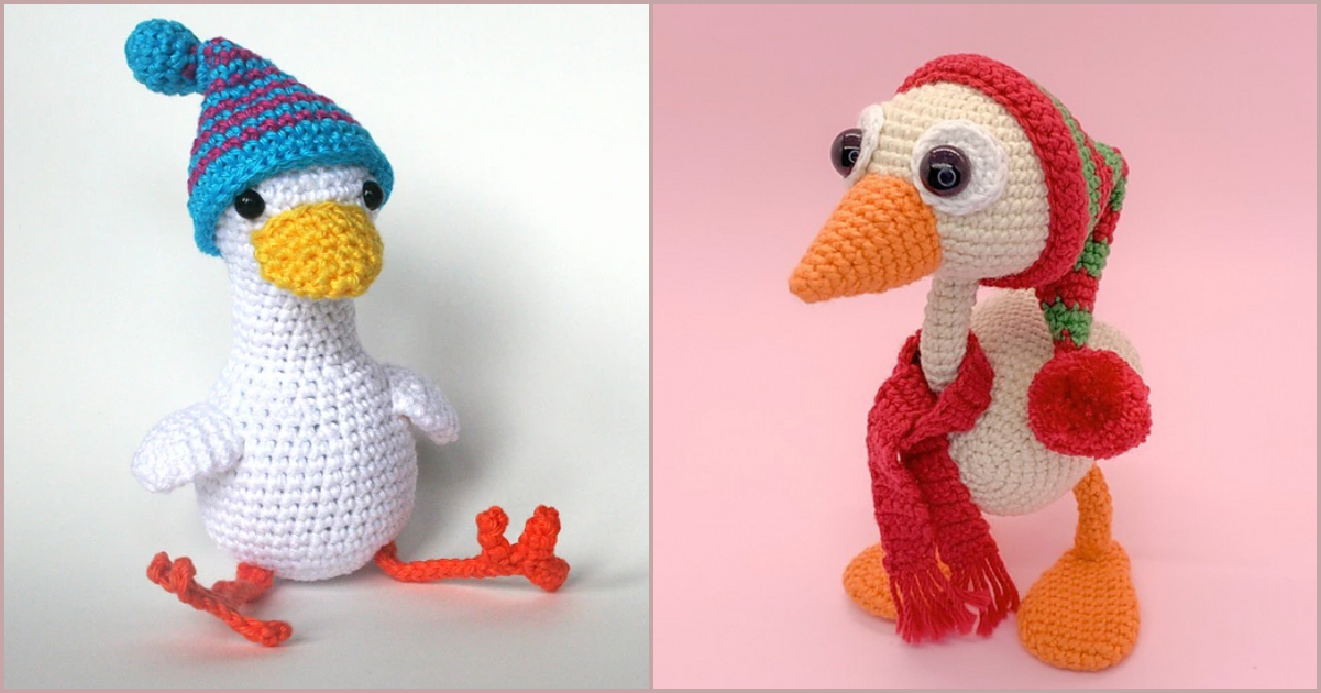 Two crocheted amigurumi birds, resembling playful geese, sport colorful hats and scarves. The left bird boasts a blue hat and orange feet, while the right features a red ensemble with a scarf and yellow-orange feet. Both are set against a cheerful pink background.