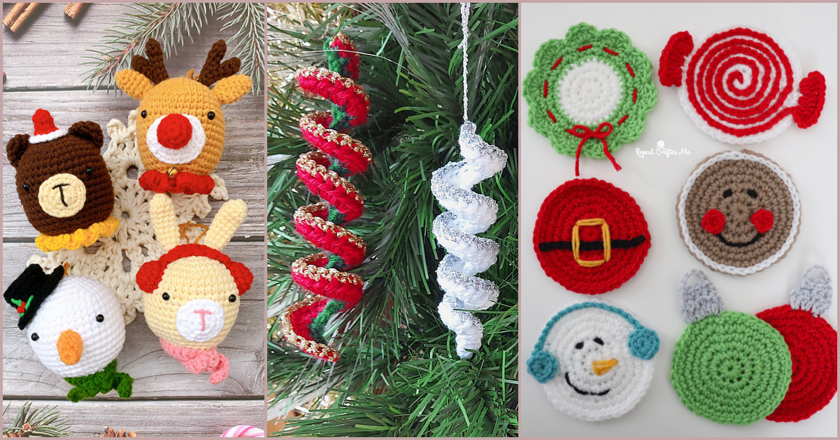 Easy and quick, these crocheted Christmas-themed decorations include reindeer and snowman figures, spiral ornaments on a tree, and colorful round motifs with festive designs.