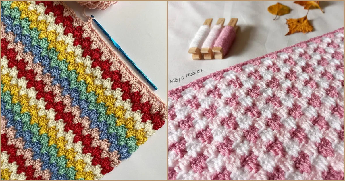 Two images of crochet patterns: left features a colorful striped pattern with a blue crochet hook, incorporating a subtle granny spike stitch; right displays a pink and white checkered design adorned with autumn leaves and thread spools.