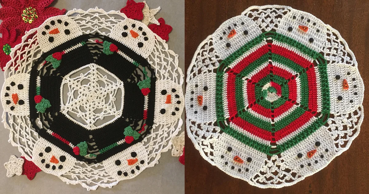 Two crocheted christmas doilies with festive themes: one featuring snowmen and stars, the other woven in red, green, and white adorned with charming carrot shapes.