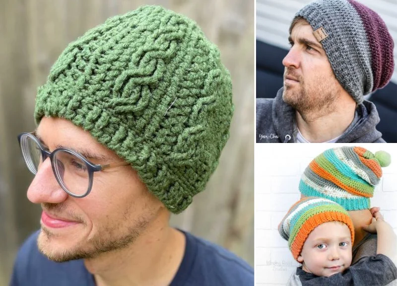 Three people don handcrafted beanies: a green textured hat, a red and gray slouchy style, and a multicolored striped cap with a pom-pom. Each reflects the artistry of men's crochet hat patterns, showcasing unique styles and craftsmanship.