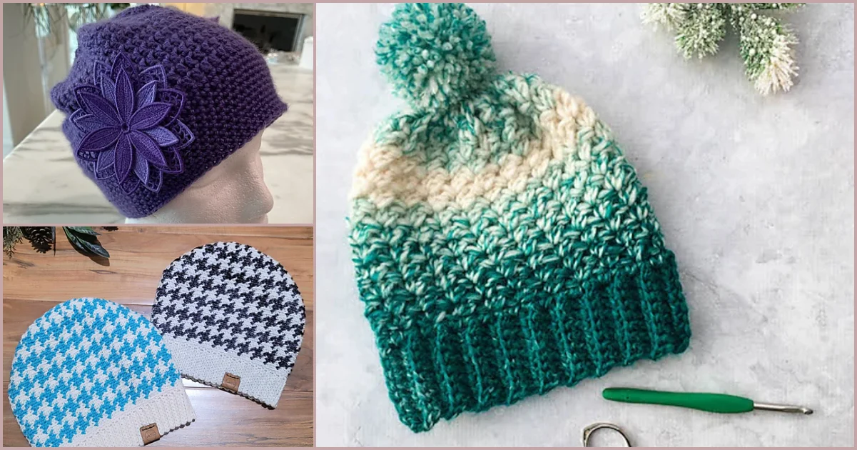 Collage of three crochet beanies: a purple one with a flower, two houndstooth pattern hats in black and blue, and a green ombre winter slouch hat with a pom-pom, next to a crochet hook.