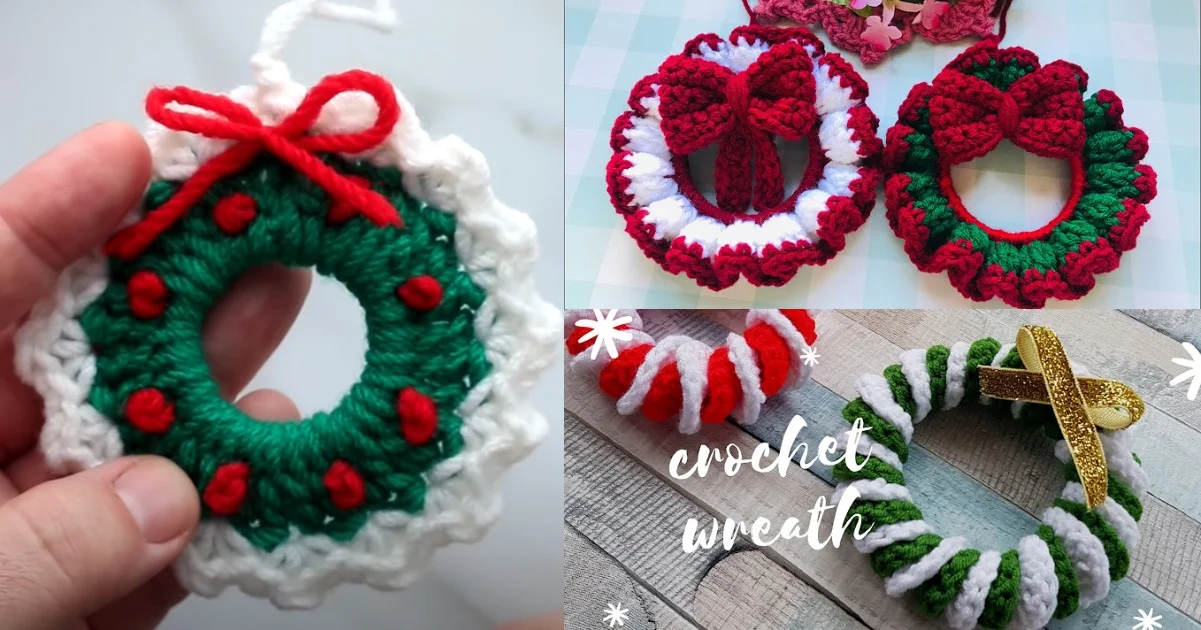 Various crochet wreaths in festive colors, adorned with Christmas wreath ornaments and ribbons, displayed on different backgrounds.