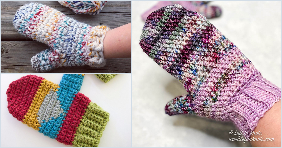 Three crochet mittens displayed: one speckled with white, a second featuring vibrant striped mittens in red, blue, and green, and the third showcasing a delightful purple and pink pattern.