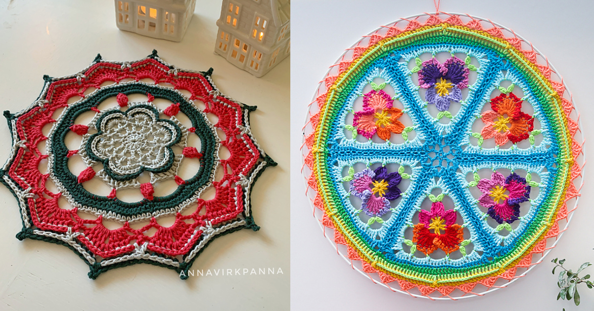 Two crochet mandalas adorn the scene—a red and gray pattern on the left, while the right features a colorful floral design, perfect as a charming flower wall hanger.