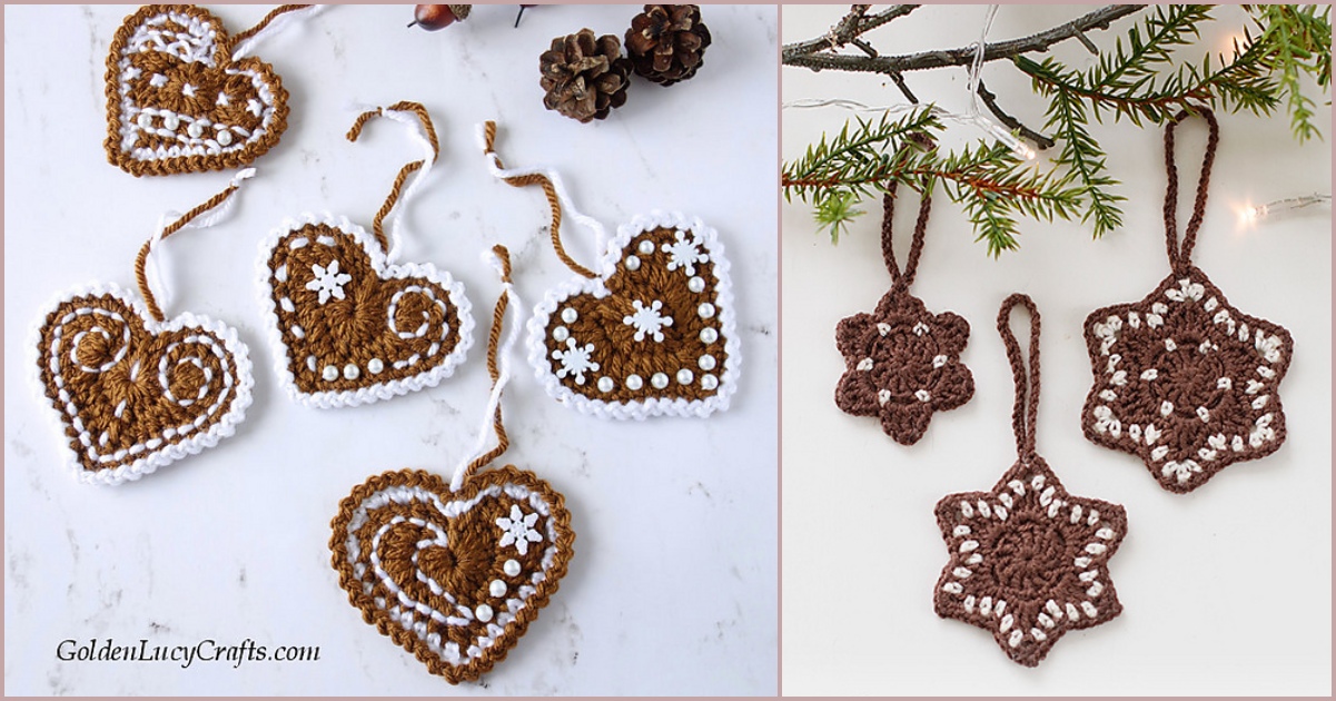 Crocheted heart and star ornaments reminiscent of gingerbread cookies, crafted in brown with white details, rest elegantly on a white surface and a branch.