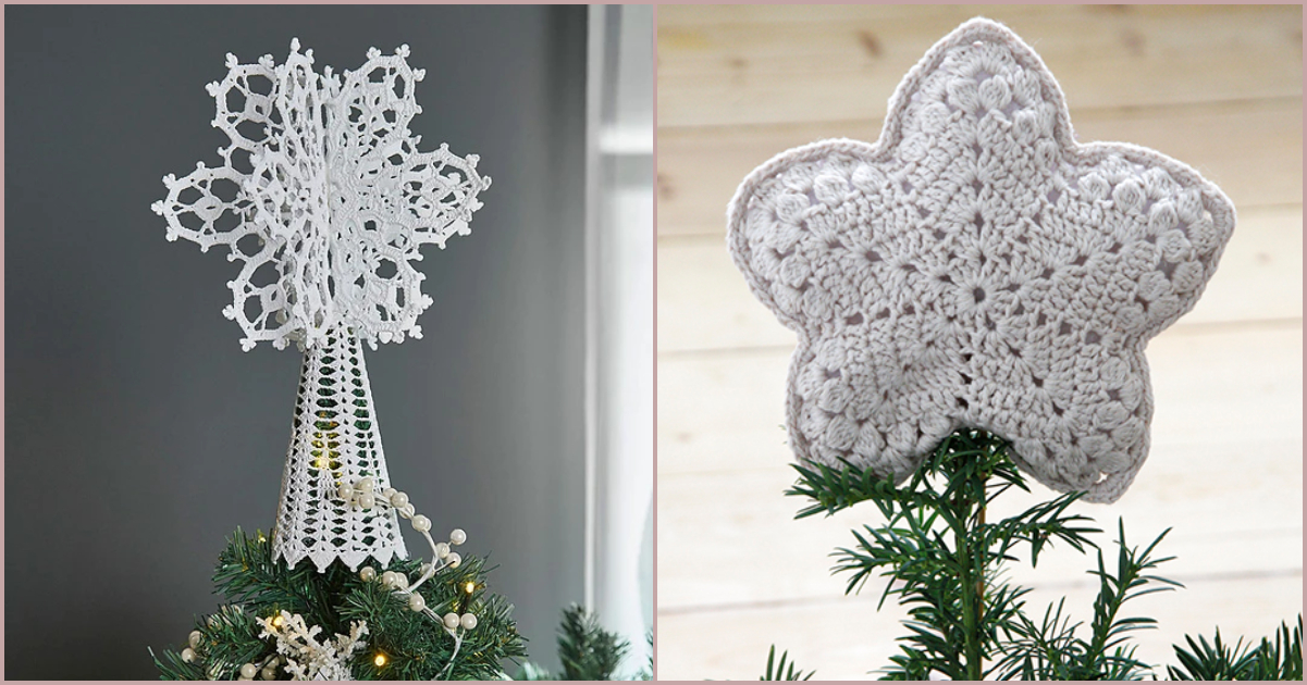 Two crocheted tree toppers grace the scene: a star-shaped design on the left and a cone-shaped angel on the right, both beautifully crowning Christmas trees.