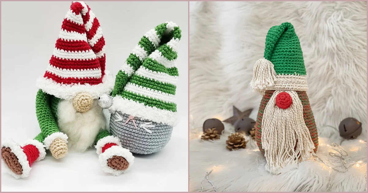 Two charming crocheted gnomes, crafted from delightful gnome crochet patterns, sport striped hats: one red and white, the other green and white. Nearby, a single green-hatted gnome stands proudly on a furry surface embellished with festive decorations.