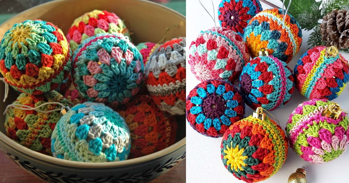 Two images of colorful crocheted Christmas ornaments, reminiscent of classic Christmas baubles, one with a bowl filled with them and another showing a scattered arrangement on a white background.