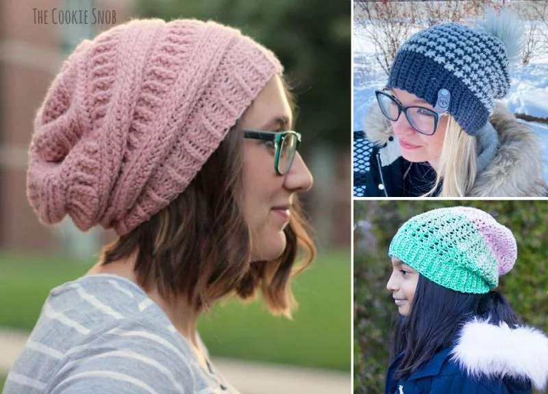 Three women don crochet beanies: one in pink, another in gray with a pom-pom, and the third flaunting a colorful green and pink design. The crochet slouchy hat pattern adds a cozy charm to their stylish ensemble.