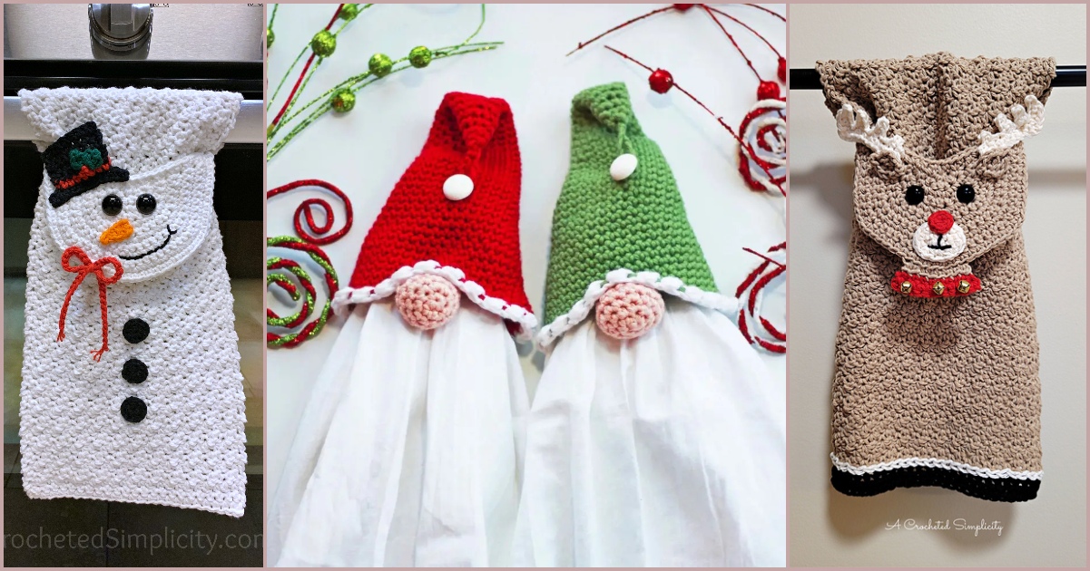 Three crocheted holiday-themed hand towels with charming towel toppers: a snowman with a hat, two gnomes in festive red and green hats, and a reindeer sporting a bright red nose.