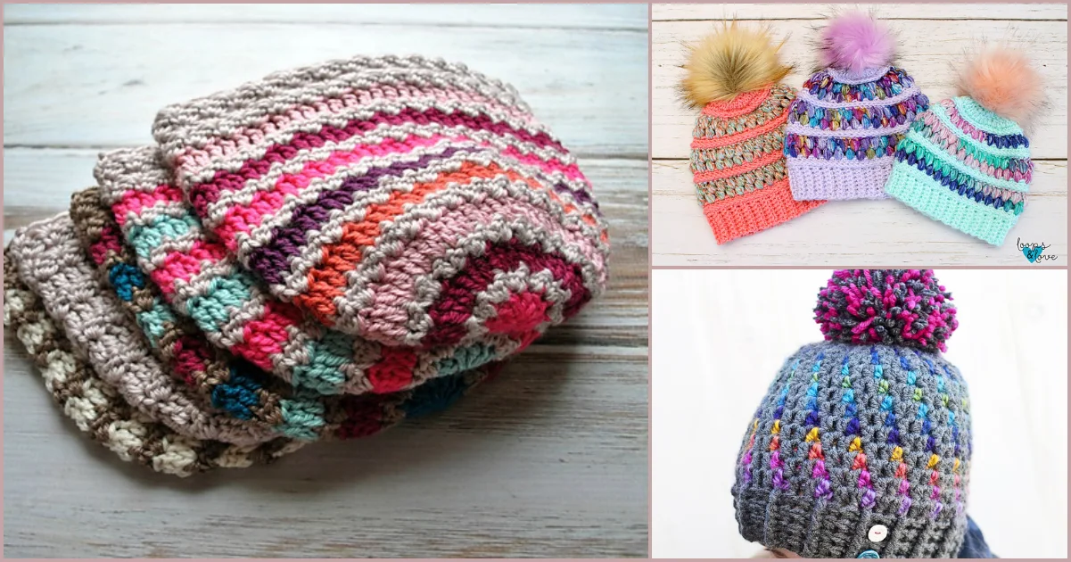 Collage of colorful crocheted hats. Left: Stack of beanie full of rainbows with mixed patterns. Top right: Three hats adorned with pom-poms. Bottom right: Hat featuring a pom-pom in gradient colors.