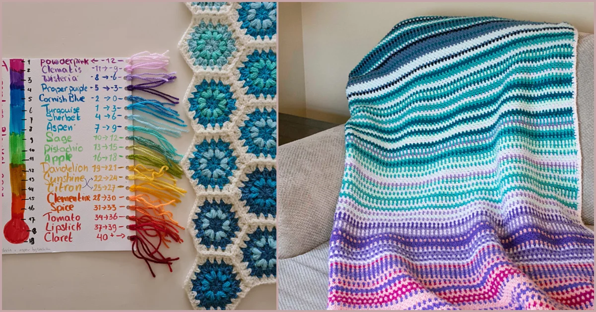 Discover a unique temperature blanket complete with a detailed chart showcasing color-coded temperature ranges and an array of yarn samples.