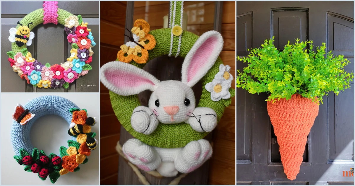 Four crocheted door wreaths: a bee and flower wreath, a bunny with butterflies Easter wreath, a gardening tools spring wreath, and a carrot-shaped wreath with greenery on a door.