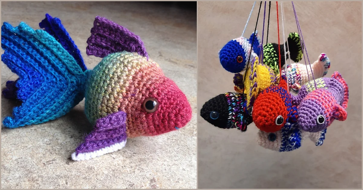 A crocheted fish amigurumi with multicolored yarn is displayed on the left, while a group of smaller crocheted fish dangle playfully on the right.