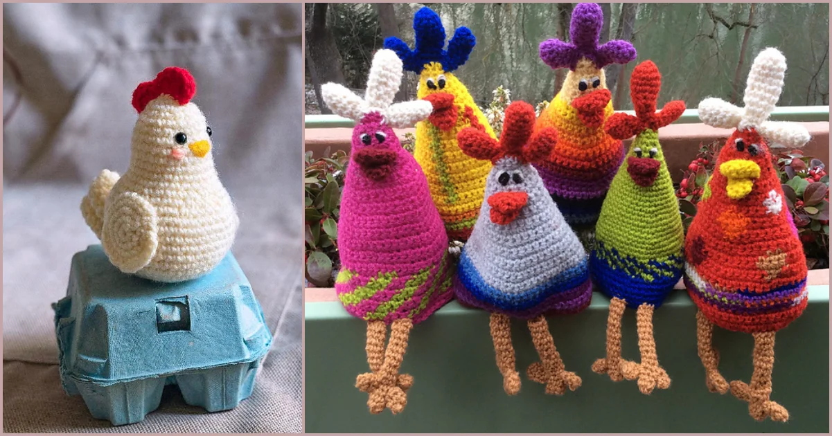 Crocheted chickens with different colors and patterns sit on a ledge, embodying the charm of Easter birds; one white chicken is displayed proudly on a blue egg carton.