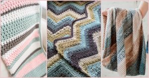 Three delightful crochet blankets: a cozy baby blanket with pink, white, and green stripes; another boasting a zigzag pattern in blue, green, and brown; and the last one in soothing winter morning hues of brown, teal, and beige—all lovingly held by a person.