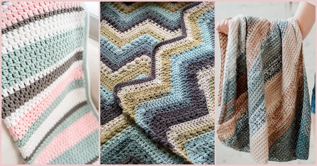 Three delightful crochet blankets: a cozy baby blanket with pink, white, and green stripes; another boasting a zigzag pattern in blue, green, and brown; and the last one in soothing winter morning hues of brown, teal, and beige—all lovingly held by a person.