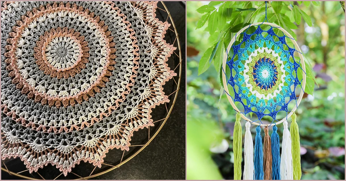 Two crocheted mandalas: one in gray and brown tones on a surface; the other, ideal for new year project ideas, in blue and green tones hanging outdoors with tassels.