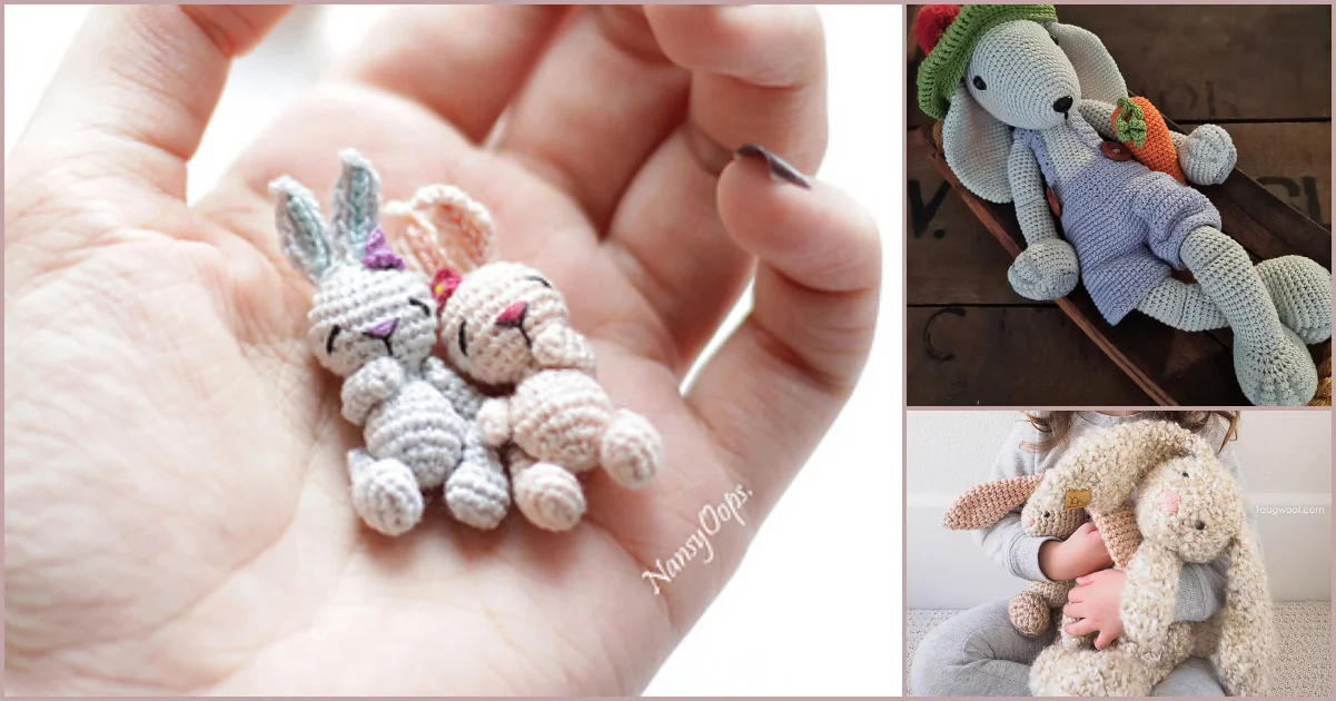 A hand gently cradles two small crocheted bunnies, surrounded by images of bunnies of all sizes. One shows a large crocheted rabbit, while another captures a person embracing a cozy crocheted toy.