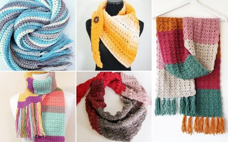 A collage of six colorful crocheted winter scarves, each showcasing unique patterns and vibrant hues, displayed elegantly on hangers and mannequins.