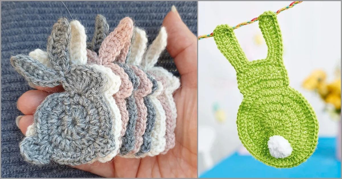 Hand holding several crocheted bunny shapes in various colors; a green crocheted bunny with a pompom tail hangs on a string, perfect for the easiest Easter projects.