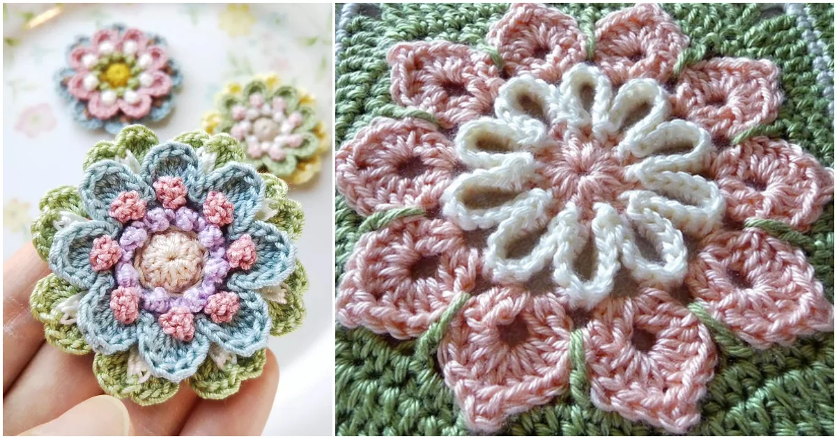 Close-up of intricate crocheted floral designs in pastel shades, offering inspiring flower ideas. Among them is a multicolored flower and a green-bordered piece with pink and white petals.