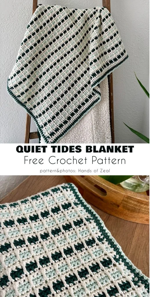 A cream and green crocheted blanket with a geometric pattern hangs on a chair and rests on a wooden surface. Text reads: "Quiet Tides Blanket Free Crochet Pattern." Perfect for those seeking crochet baby blanket patterns free.