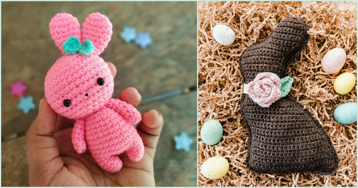 A hand holds a pink crocheted easter bunny with a green bow on the left, while a brown crocheted bunny adorned with a pink rose nestles among eggs and straw on the right.