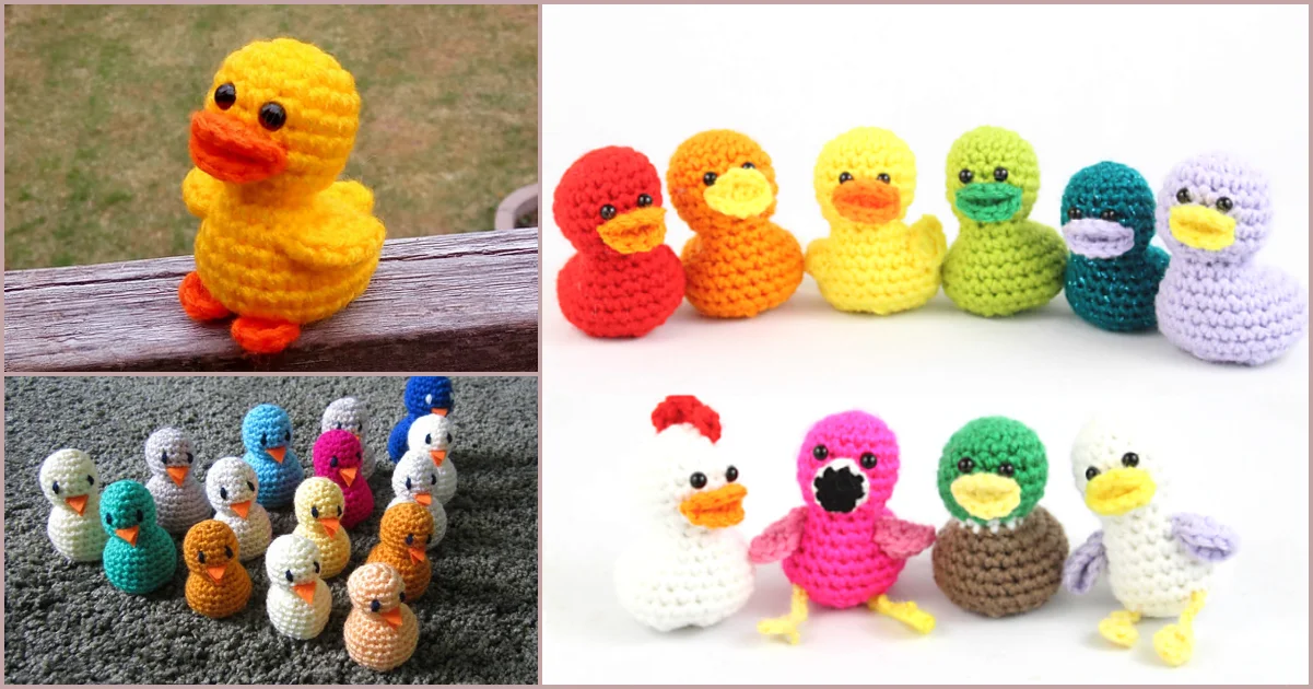 Collage of small crochet ducks in various colors and styles, displayed in groups and individually.