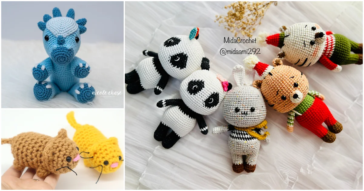 In February, a delightful amigurumi collage features crocheted stuffed animals: a blue dinosaur, a pair of pandas, a rabbit, a bear, a doll, and two cats.