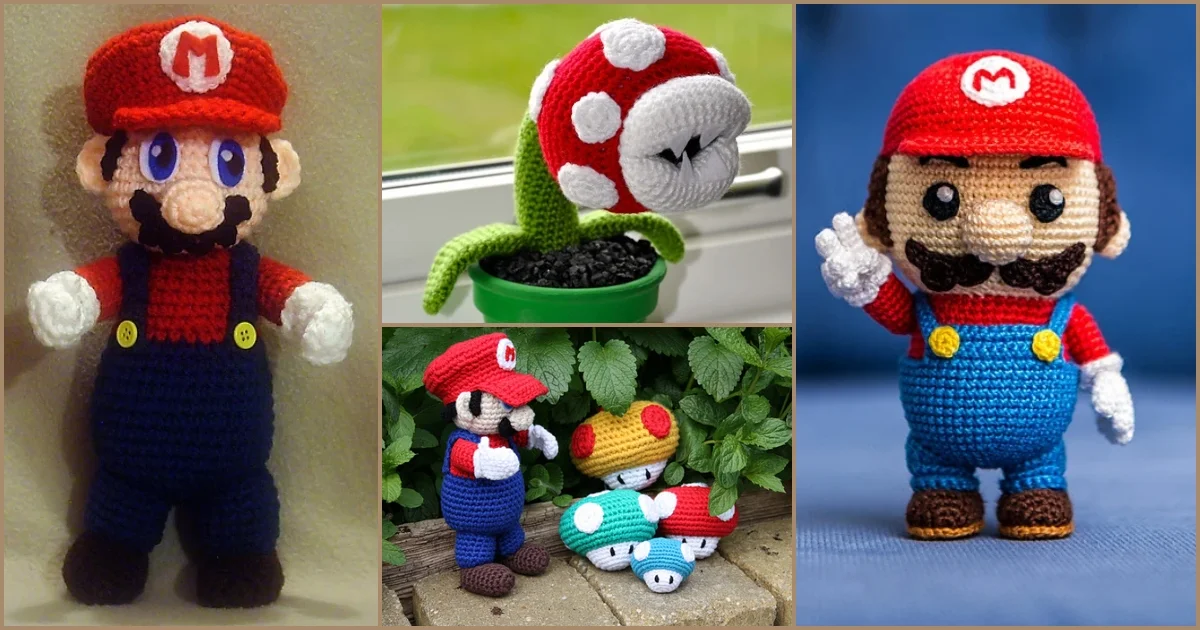 A collage of crochet figures: Super Mario, a piranha plant, and scenes with Mario interacting with a mushroom and another Mario figure in a pot.