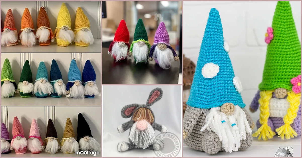 A collage of crocheted gnomes in vibrant colors, with two blue-hatted gnomes and a crocheted rabbit with long ears in the foreground. Discover the charm of gnomes through a free crochet pattern that brings creativity to life.