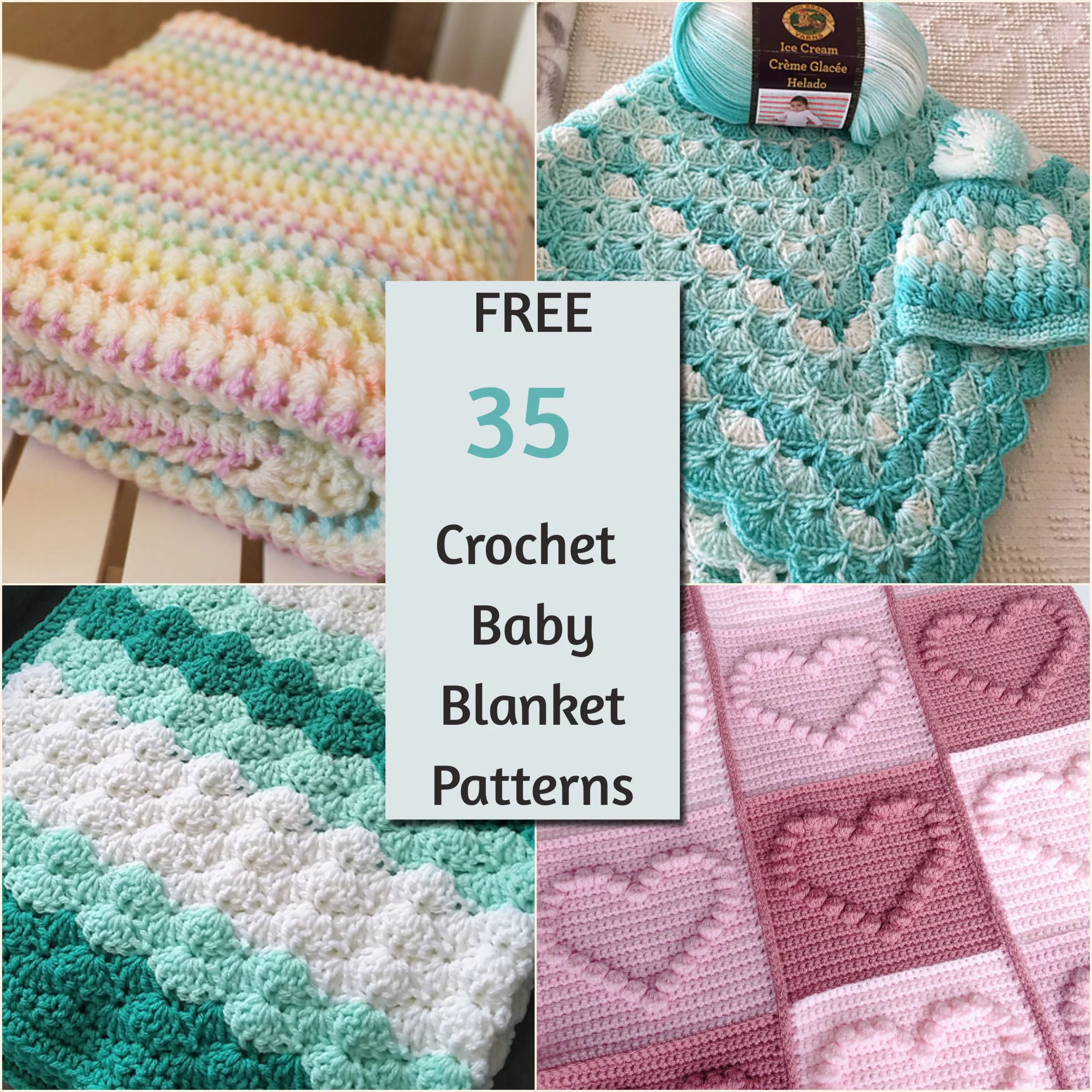 A collage of four different crochet baby blanket designs with a text overlay reading "free crochet baby blanket patterns.