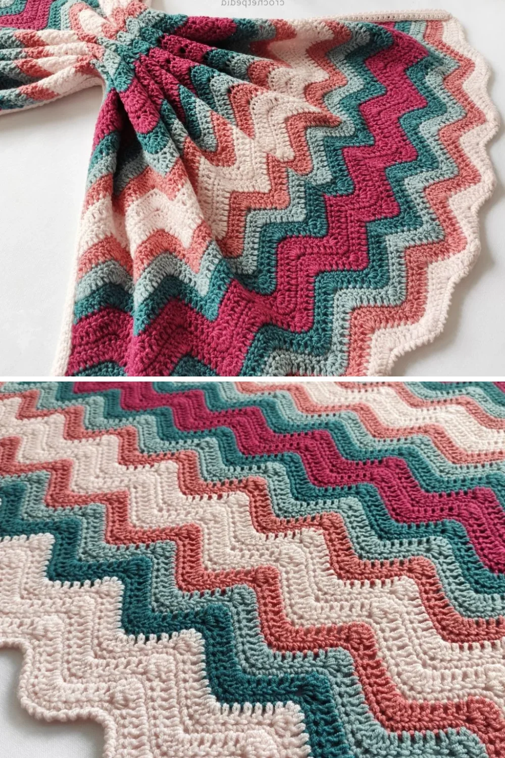 crochet baby blanket with a colorful wavy design