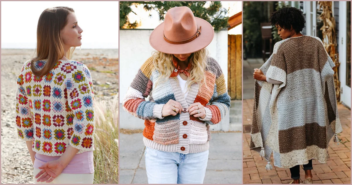 Three individuals wearing crocheted garments: a colorful patchwork cardigan adorned with floral patterns, a multicolored striped sweater, and a brown and white striped shawl.