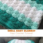 Handmade crochet baby blanket patterns in a shell-stitch design, featuring green and white colors.