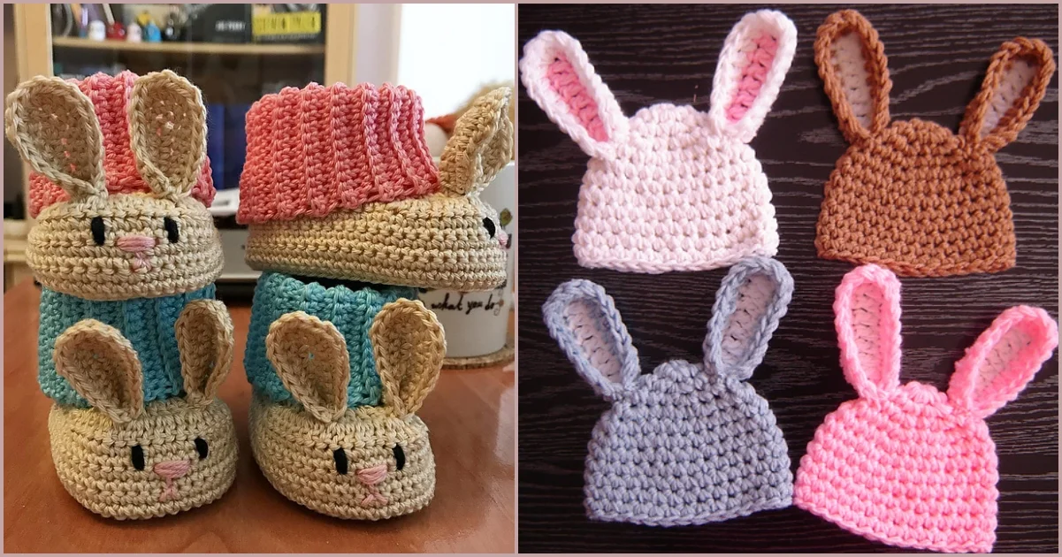 Displayed are crocheted baby hats featuring charming bunny ears, offered in various colors. Complete baby hats sit on the left, while flat versions are showcased on the right.