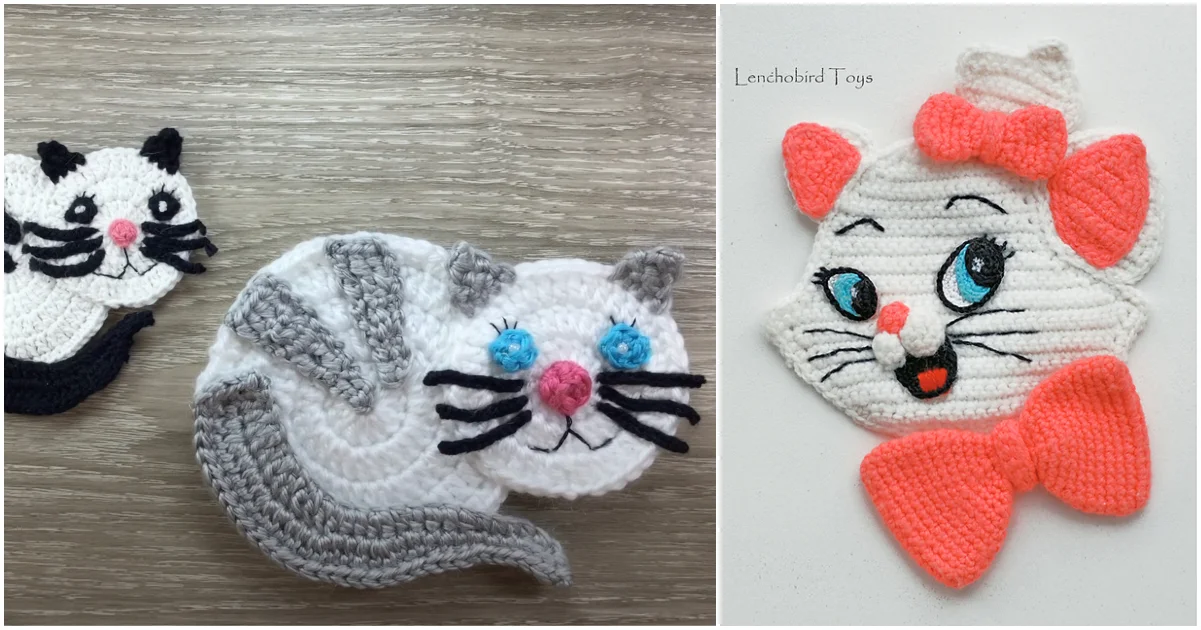 Crocheted items include a black and white cat head, a curled white and gray cat with blue eyes, and a charming white cat face featuring a pink bow and whiskers. Each piece makes for the purr-fect cat applique to adorn your crafts.