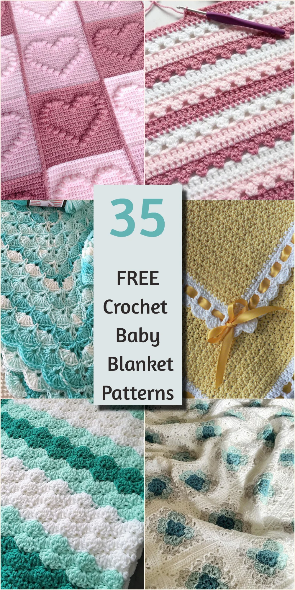 A collage showcasing various crochet baby blanket patterns with a text overlay reading "35 crochet baby blanket patterns free".