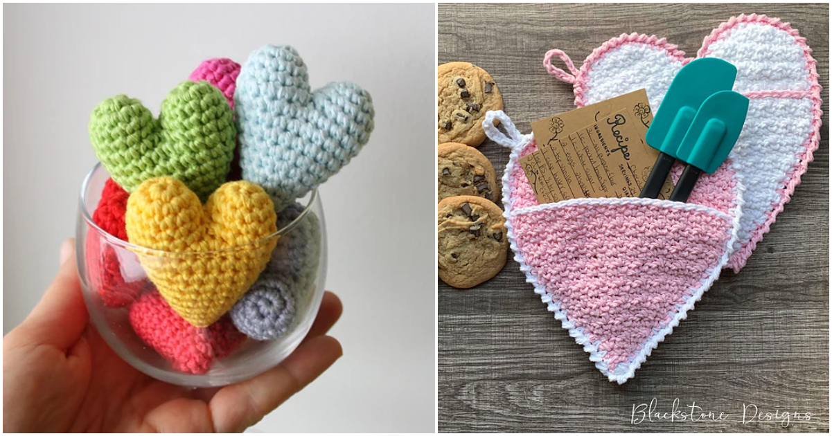 A hand holds a glass with colorful knitted hearts—a quick Valentine's Day project. Next to it, heart-shaped knitted pouches cradle cookies, a recipe card, and kitchen utensils.