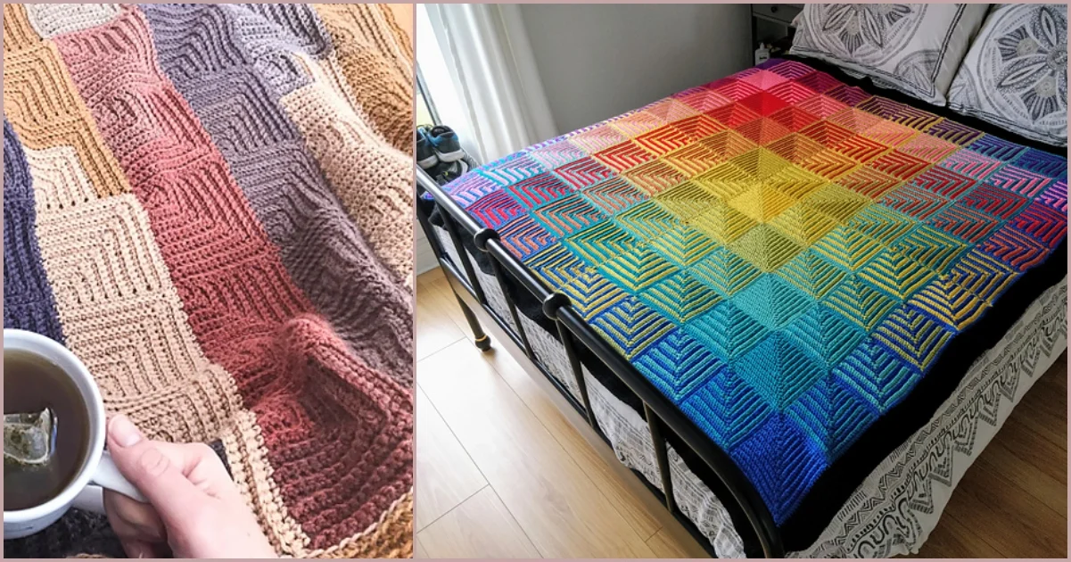 Two crochet blankets showcase textured patchwork designs: one in brown shades, held by a hand with tea, and the other in vibrant multicolored hues, beautifully spread on a bed.