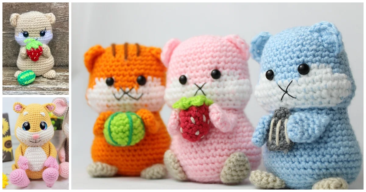 Three amigurumi hamsters clutching fruits and a fourth with a nut, in pink, orange, and blue. A smaller image reveals two more crochet animals adorned with colorful fruits.