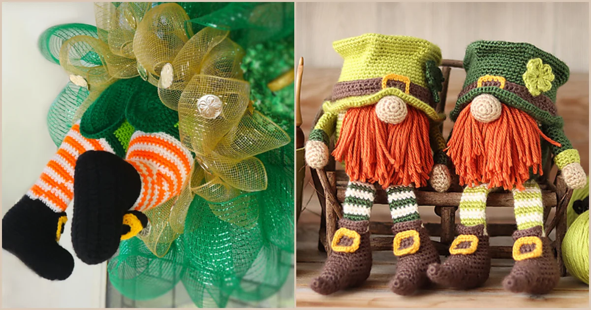 Crocheted gnome decorations: a pair of legs adorned with green tulle, reminiscent of Shamrock hues on the left, and two whimsical gnomes flaunting orange beards and hats on the right. Perfect for adding unique St. Patrick's ideas to your festive decor.